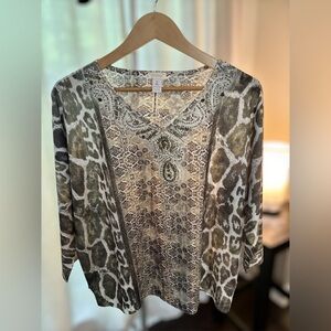 Chico's Women's Top Beaded Embellished V Neck 3/4 Sleeve Green Size M Chico's 2